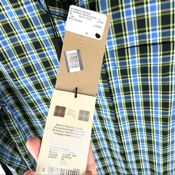 Burberry Saoirse Plaid Long Sleeve Silk Trim Button Shirt Azure Blue - Picture 10 of 16